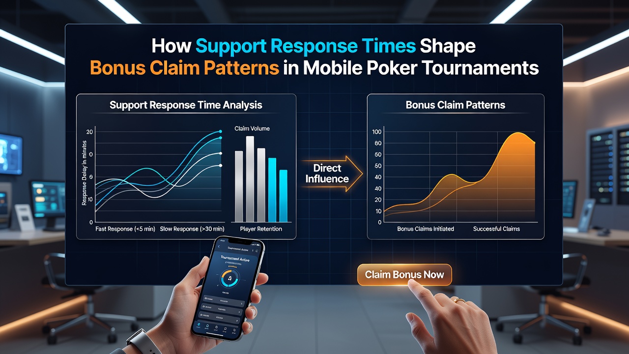 Analytics dashboard displaying support response time metrics alongside bonus claim completion graphs for poker tournaments
