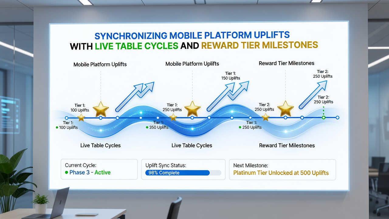Dashboard showing live table cycle timelines aligned with mobile update schedules and tier milestone trackers